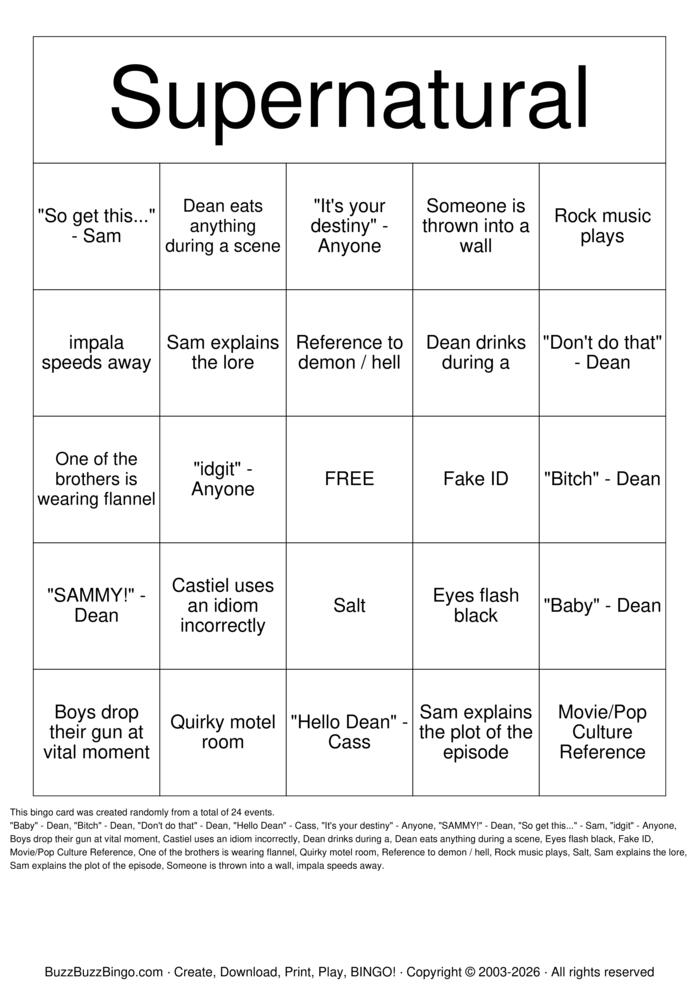 Download Free supernatural Bingo Cards