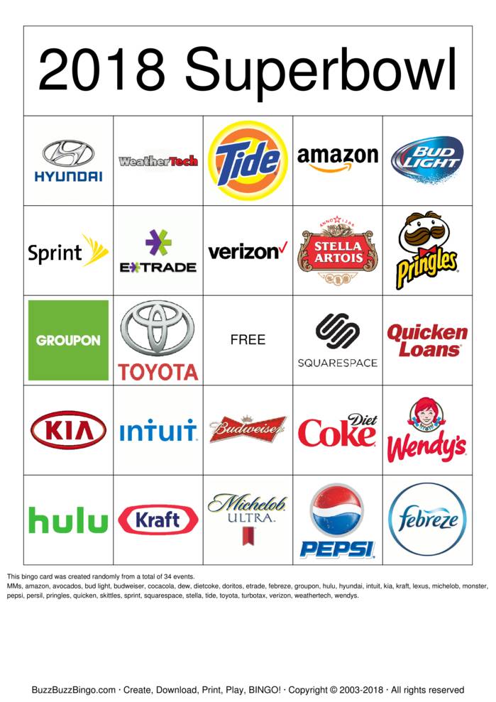 2018 Superbowl Commercial Logos Bingo Cards to Download, Print and ...