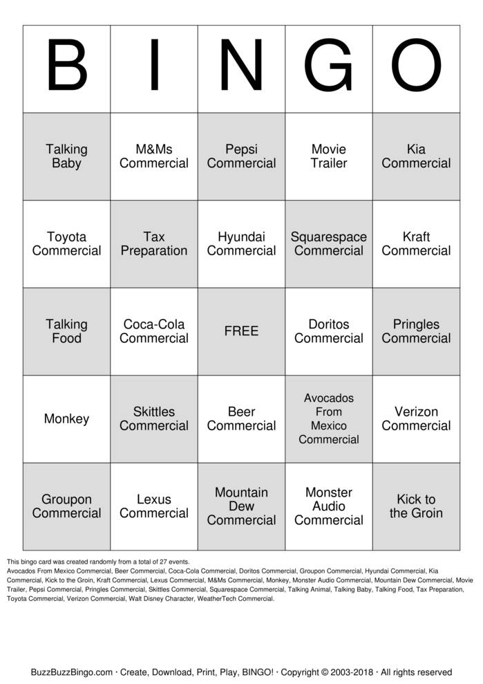 2018 Superbowl Commercials Bingo Cards to Download, Print and Customize!
