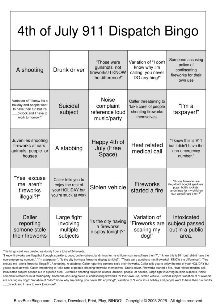 Download Free 4th of July 911 BINGO Bingo Cards