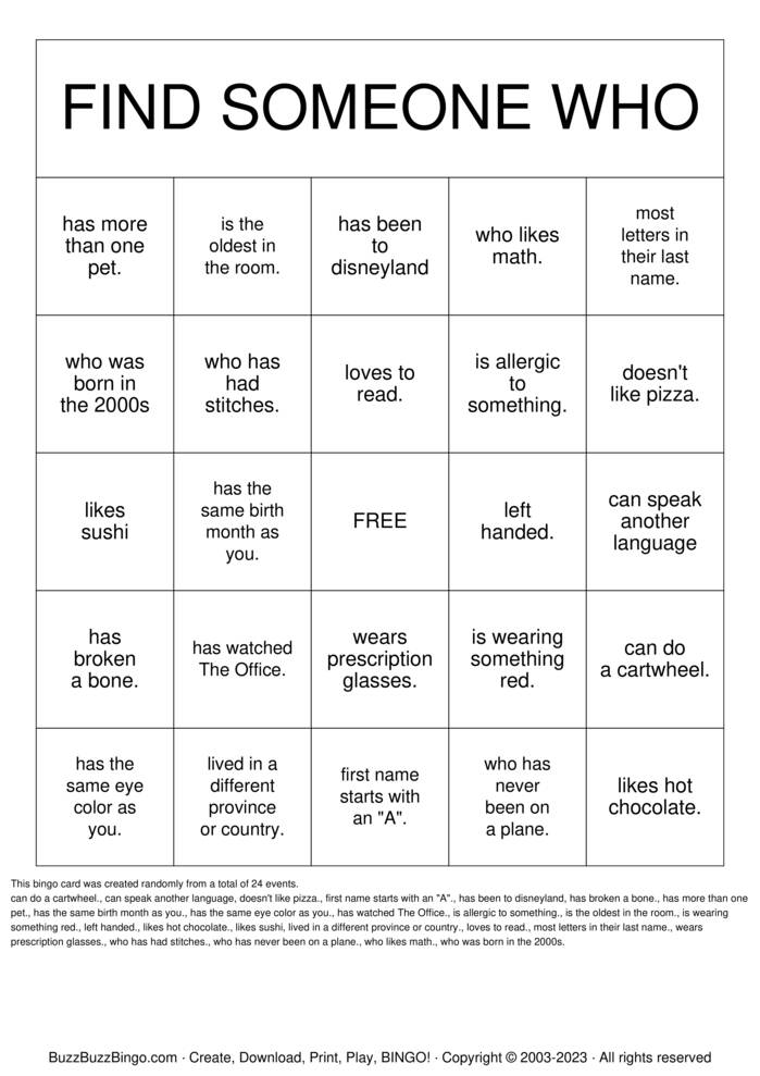 Download Free Find Someone Who  Bingo Cards
