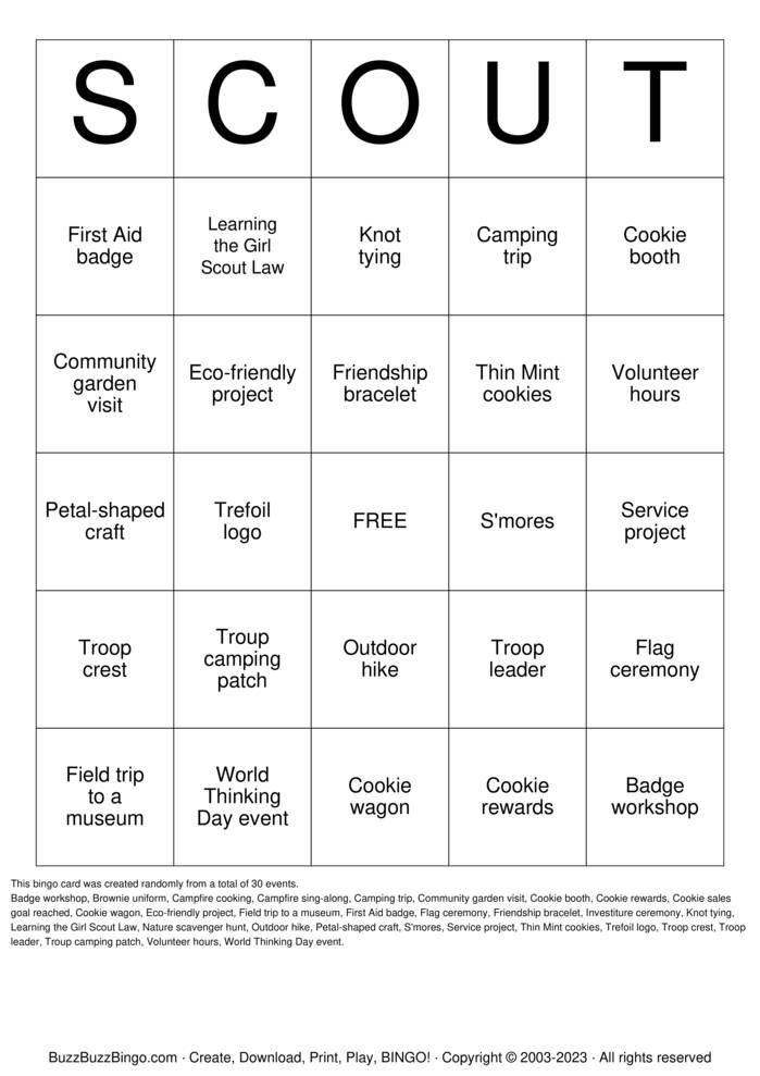 Download Free Girl Scouts Bingo Cards