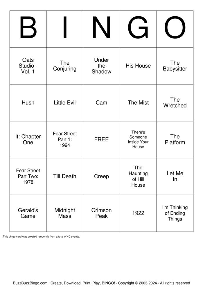Download Free Horror Movies Bingo Cards