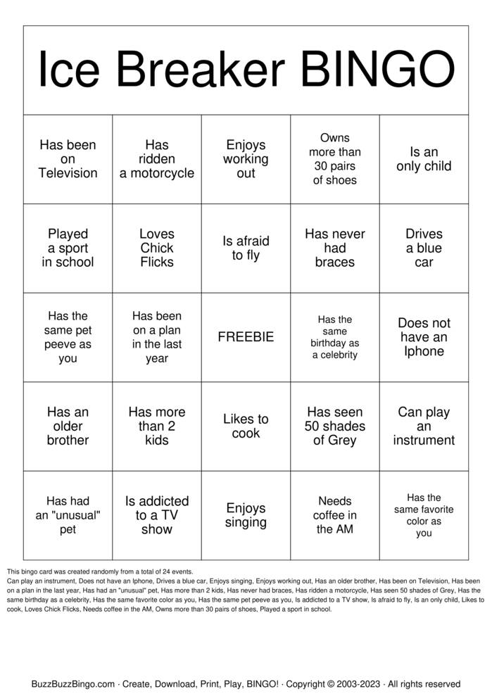 ICEBREAKER BINGO Bingo Cards to Download, Print and Customize!