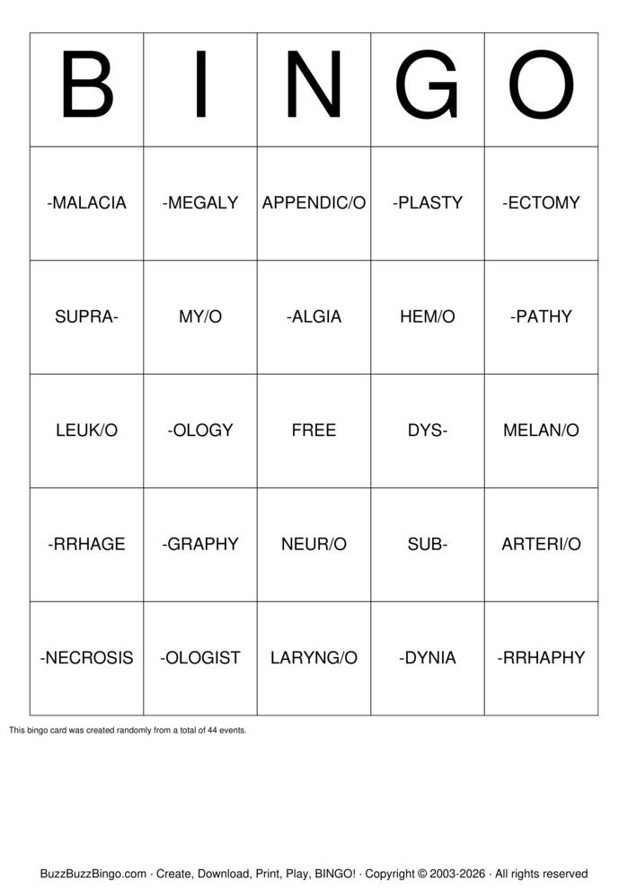 Download Free Intro to Medical Terminology Bingo Cards Download Free Intro to Medical Terminology Bingo Cards