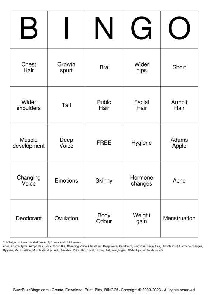 It's Puberty ! Bingo Cards to Download, Print and Customize!