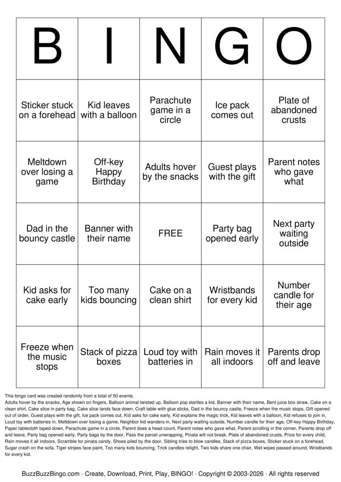 Download Free Kids Birthday Party Bingo Cards Download Free Kids Birthday Party Bingo Cards