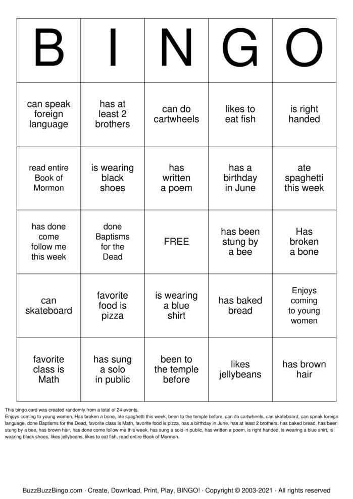 LDS YOUTH BINGO Bingo Cards to Download, Print and Customize!
