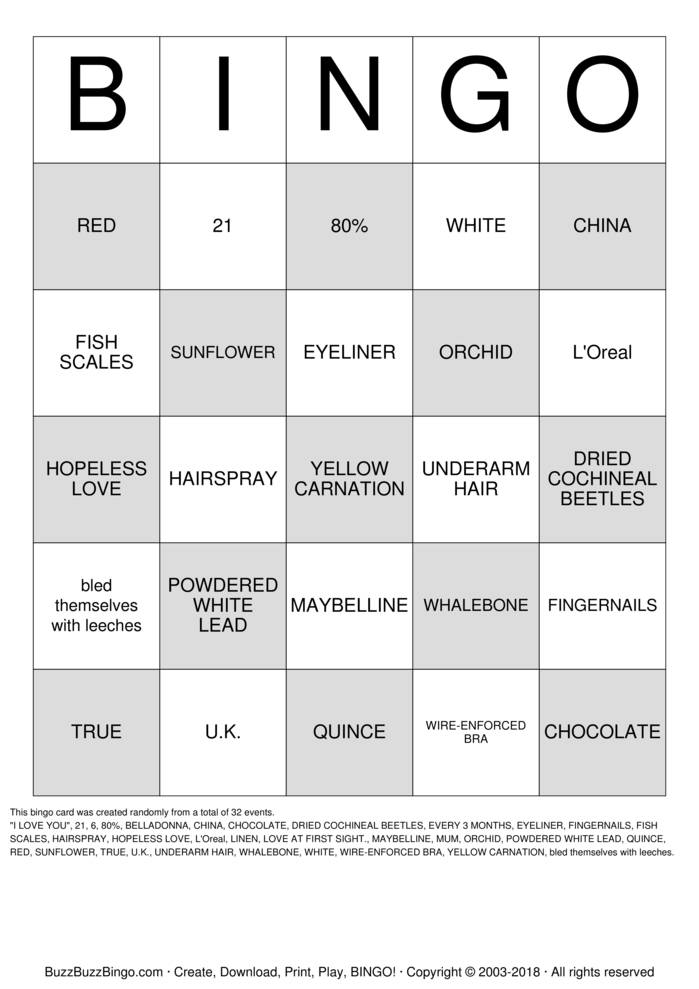 LINGERIE, COSMETIC &amp; FLOWER TRIVIA Bingo Cards to Download, Print and ...