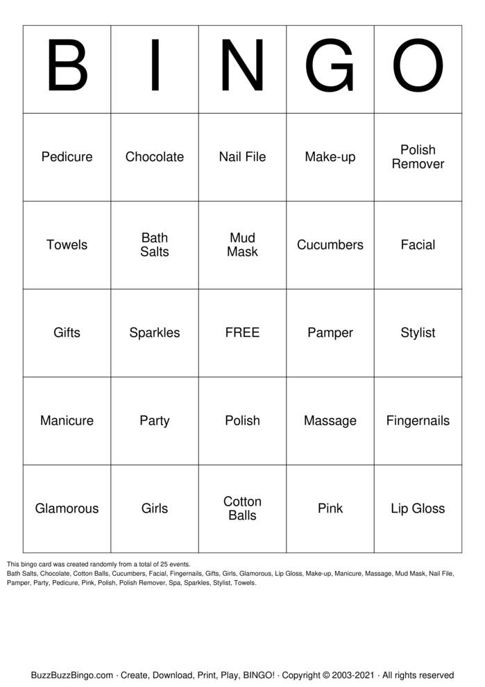 Download Free        Leah's Spa Party Bingo Cards