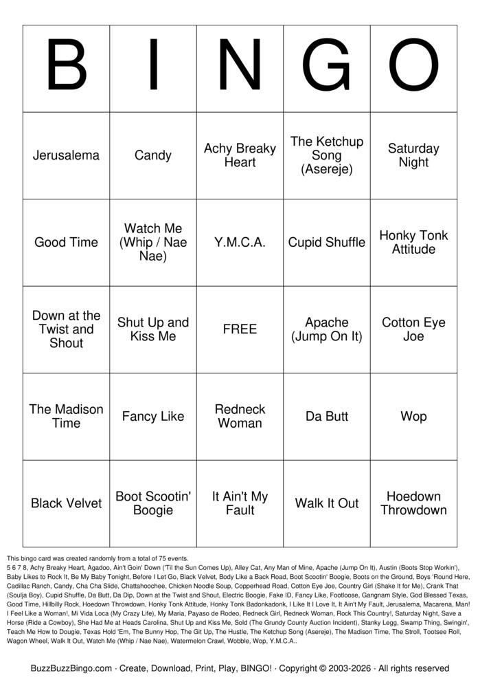 Download Free Line Dance Favorites Titles Bingo Cards