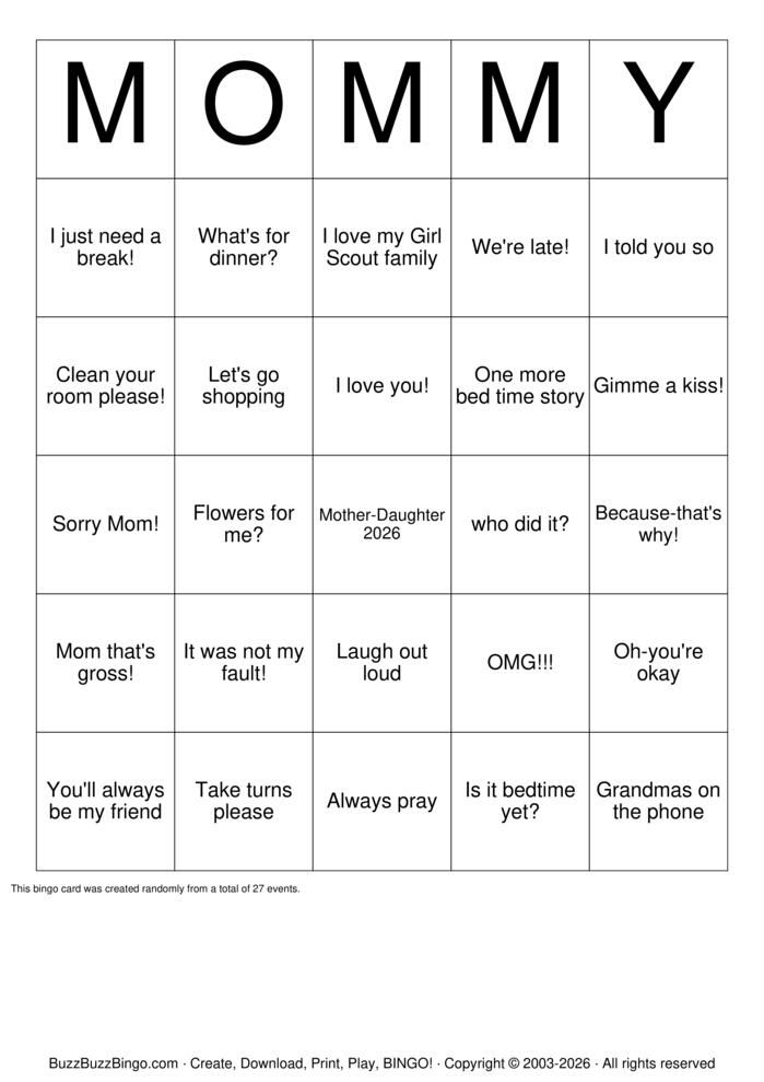 Download Free Mother Daughter Bingo Cards Download Free Mother Daughter Bingo Cards