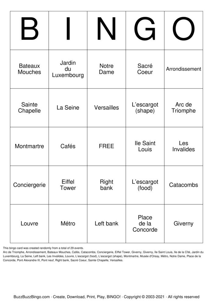 Paris Bingo Cards to Download, Print and Customize!