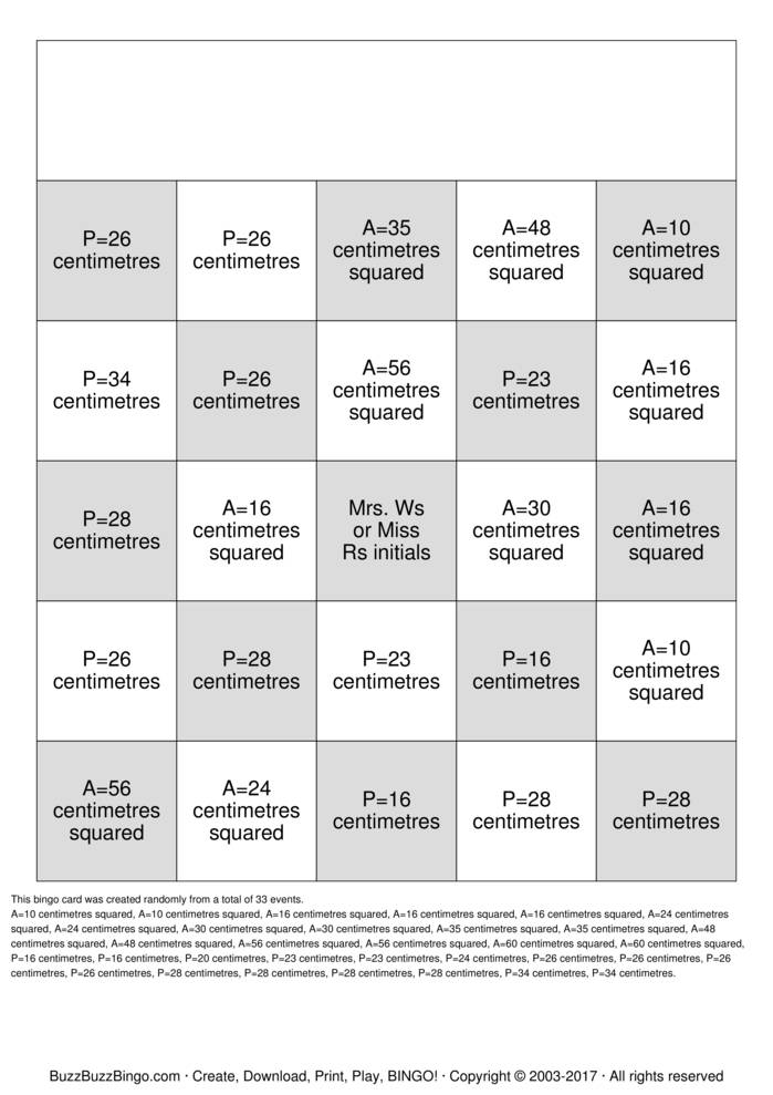 Download Free Perimeter and Area  Bingo Cards