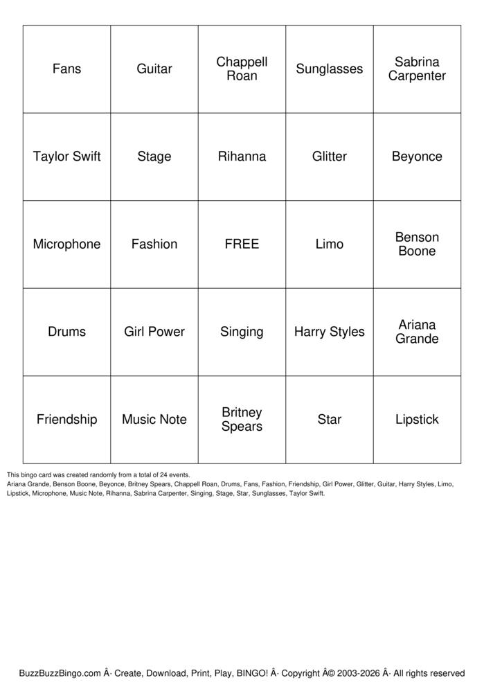 Download Free Pop Star Bingo Bingo Cards