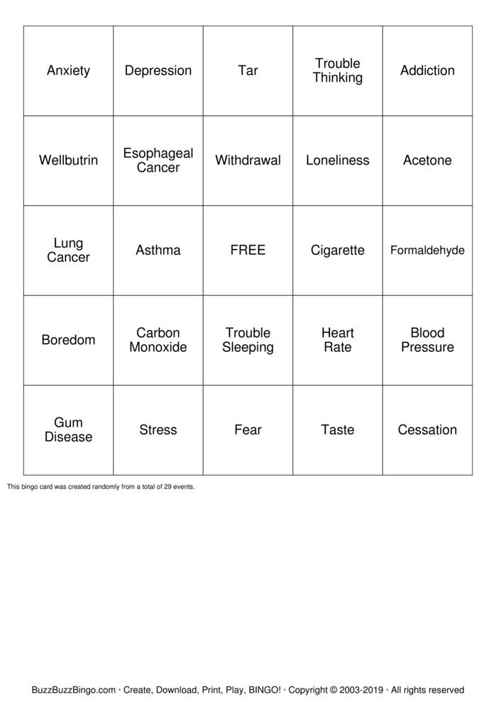Smoking Cessation BINGO Bingo Cards to Download, Print and Customize!