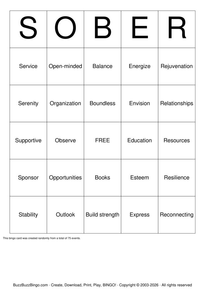 Download Free Sobriety Bingo Cards Download Free Sobriety Bingo Cards