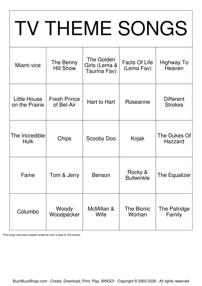 Download Free TV Theme Song Music Bingo Cards