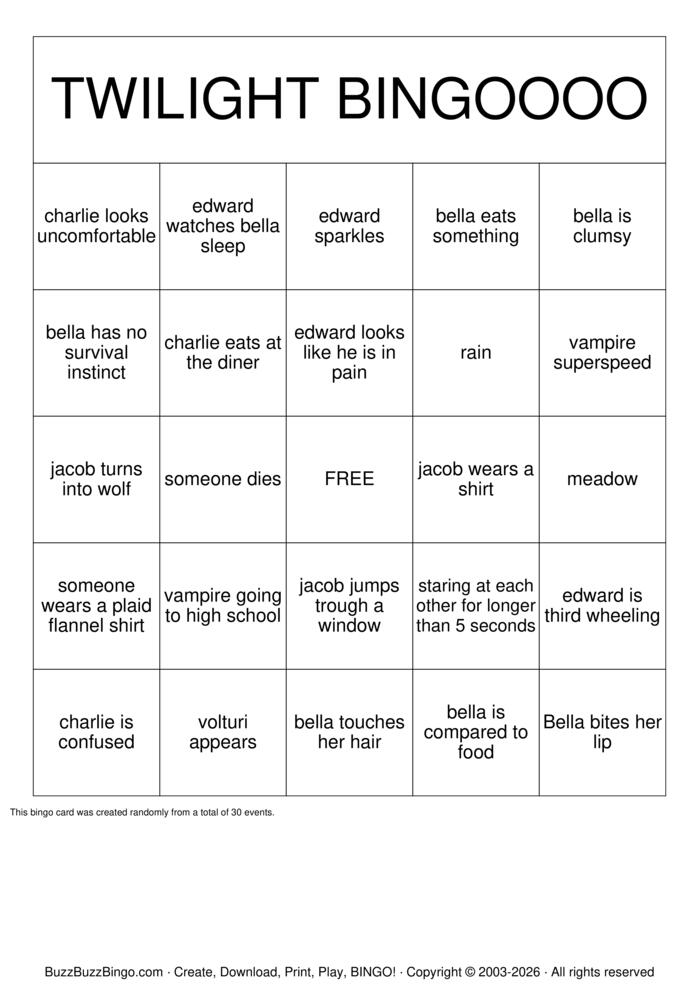 Download Free TWILIGHT BINGO Bingo Cards Download Free TWILIGHT BINGO Bingo Cards