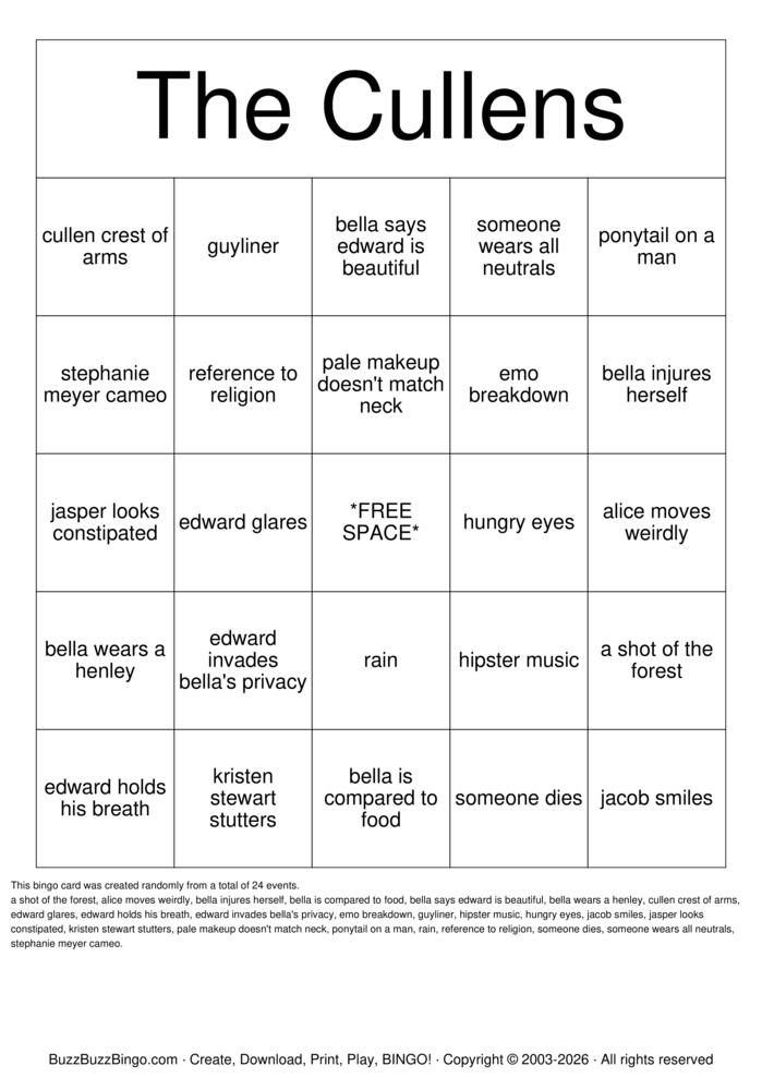 Download Free TWILIGHT BINGO Bingo Cards Download Free TWILIGHT BINGO Bingo Cards