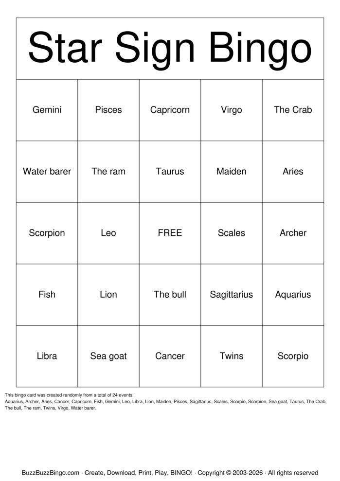Download Free Zodiac Bingo Cards
