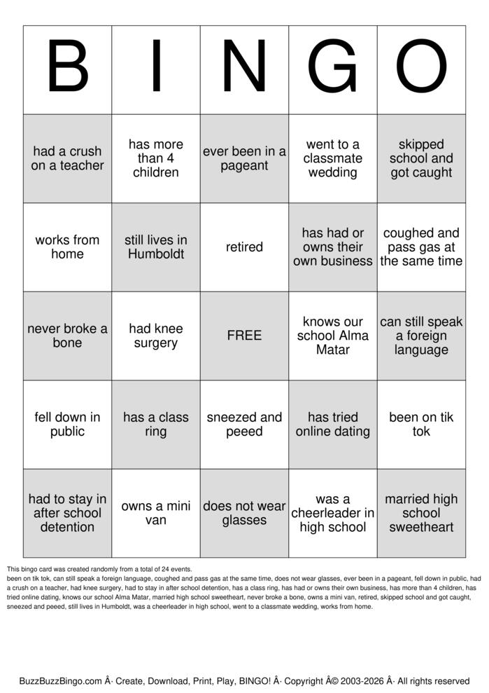 Download Free 50th Class Reunion Bingo Cards Download Free 50th Class Reunion Bingo Cards