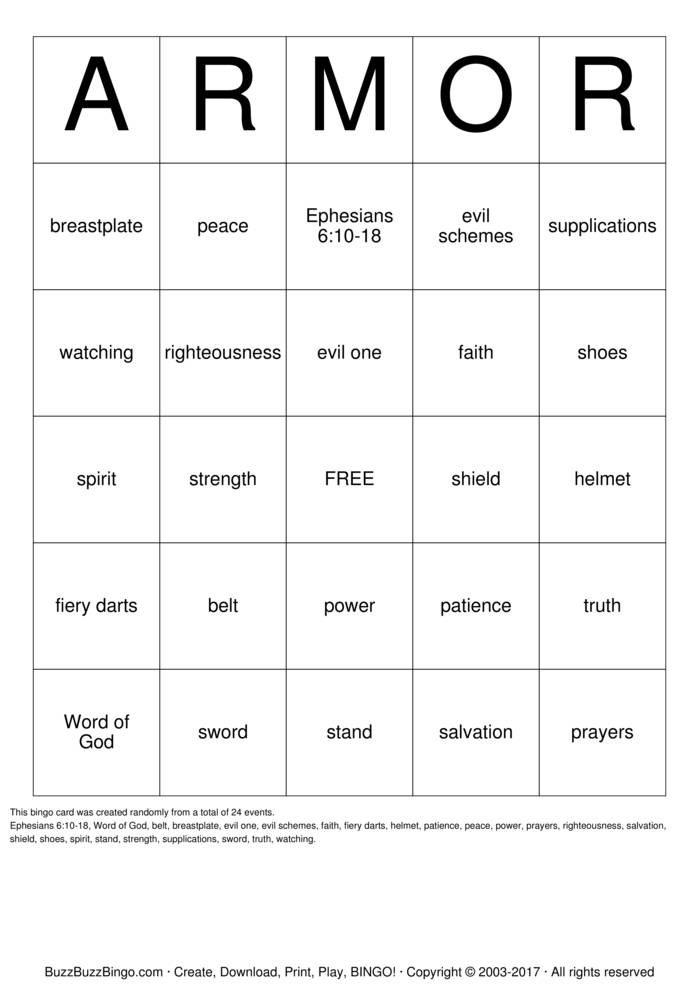 Download Free Armour of God Bingo Cards Download Free Armour of God Bingo Cards
