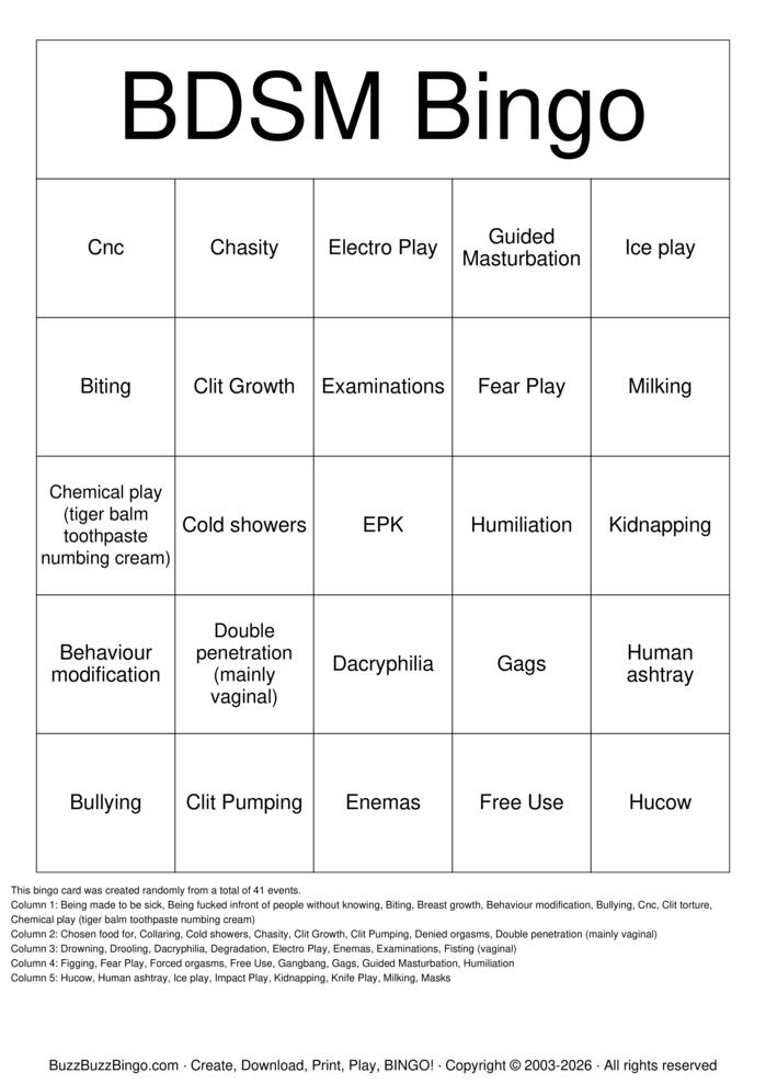 Download Free BDSM Bingo Bingo Cards
