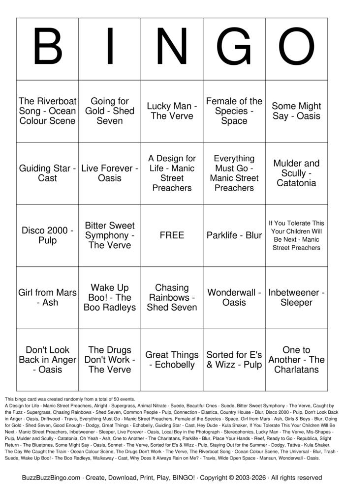 Download Free Britpop Anthems Top 50 Bingo Cards Download Free Britpop Anthems Top 50 Bingo Cards