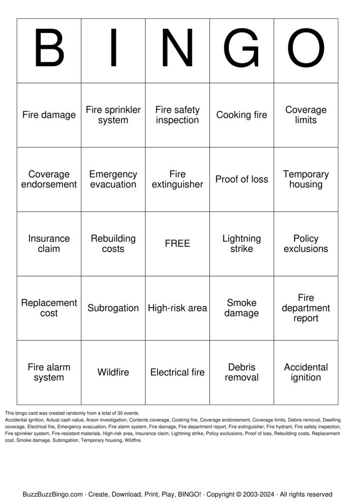 Download Free Fire Insurance Bingo Cards Download Free Fire Insurance Bingo Cards