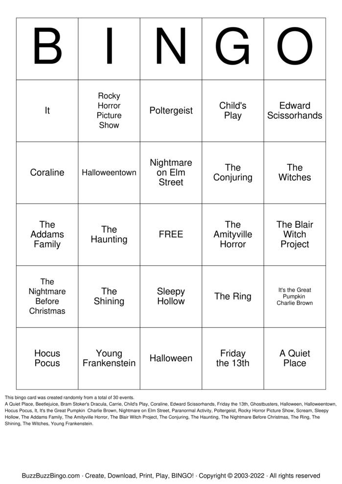 Download Free Halloween Movies Bingo Cards