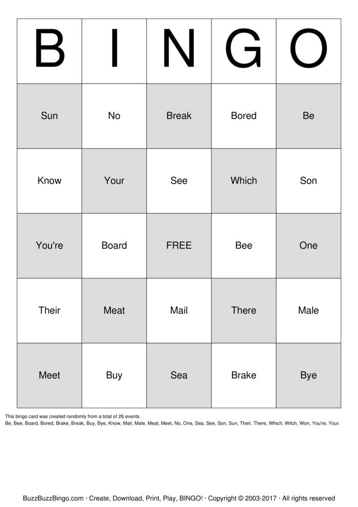 Homophone Bingo Cards to Download, Print and Customize!