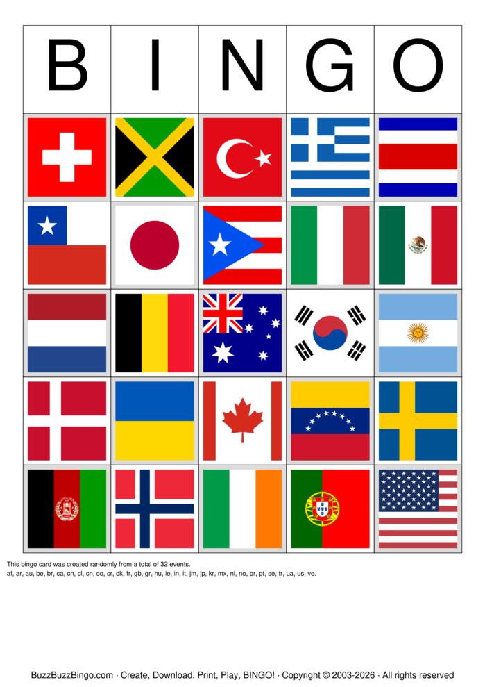 Download Free Images of Country Flags Bingo Cards