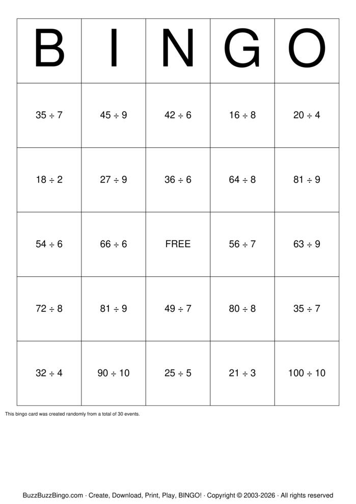 Download Free Math Division Bingo Cards