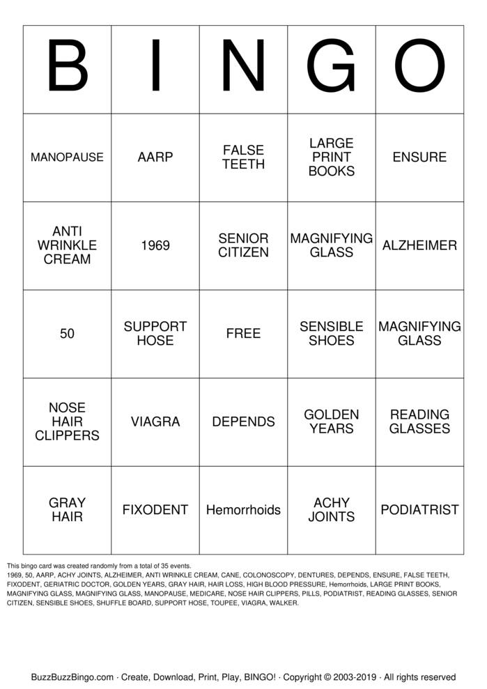 OVER THE HILL Bingo Cards to Download, Print and Customize!