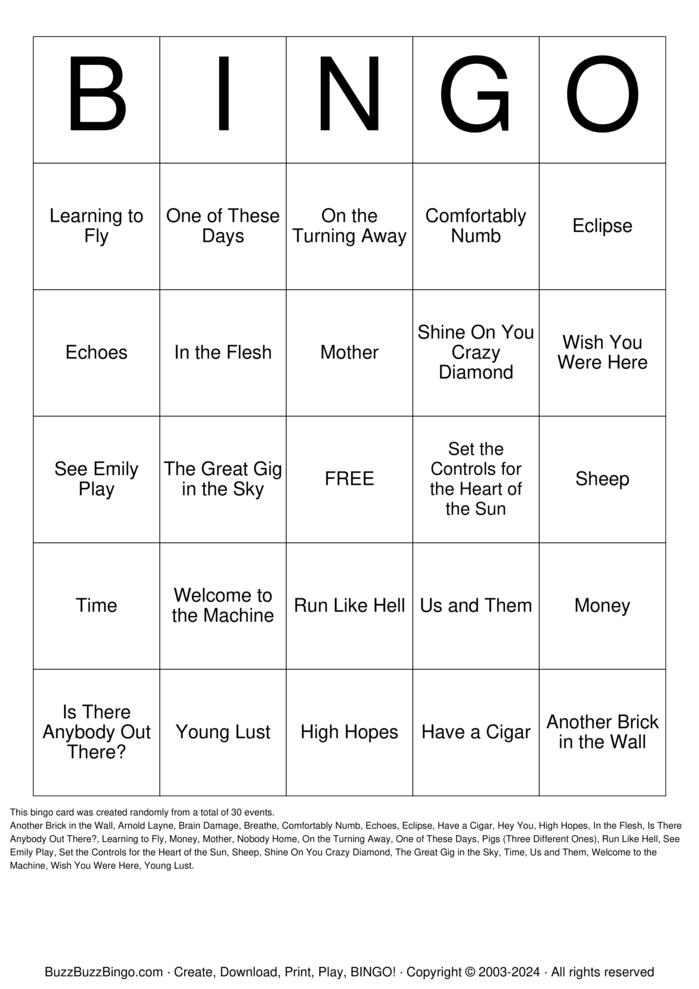 Download Free Pink Floyd Songs Bingo Cards Download Free Pink Floyd Songs Bingo Cards