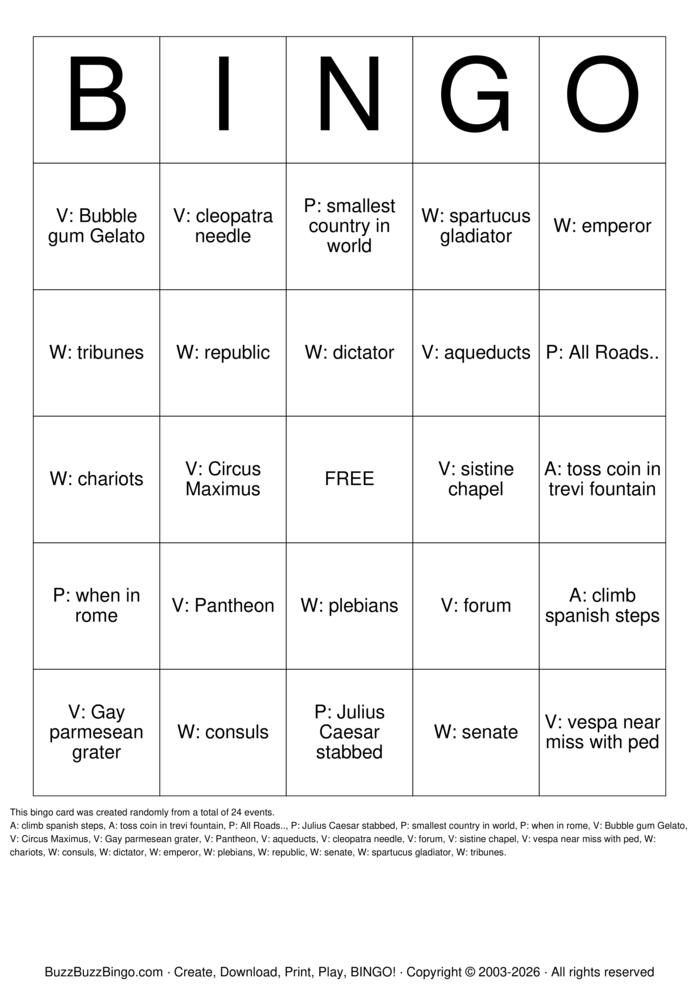 Download Free Rome Bingo Cards Download Free Rome Bingo Cards