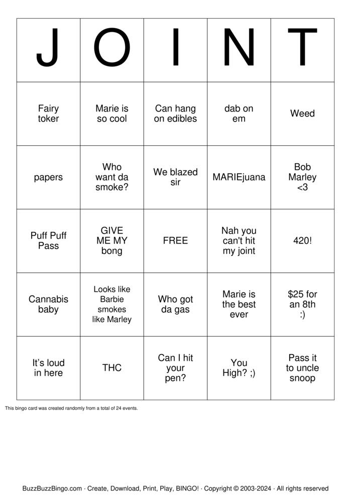 Download Free marijuana Bingo Cards