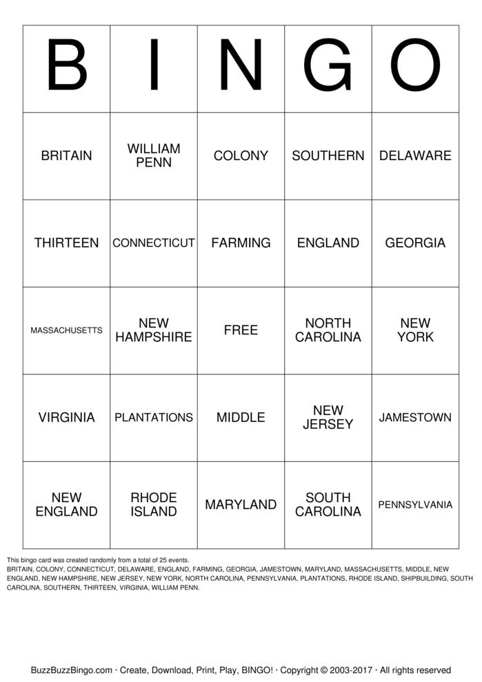 Download Free 13 Colonies Bingo Cards