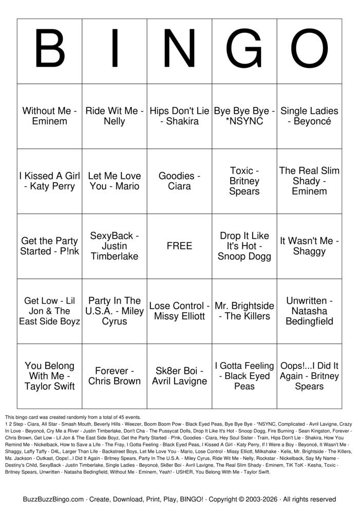 Download Free 2000s Music Bingo Cards