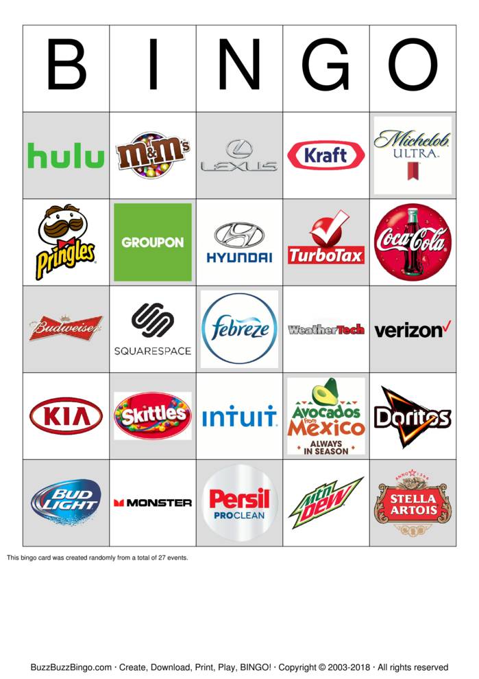 2018 Superbowl Commercial Logos Bingo Cards to Download, Print and ...