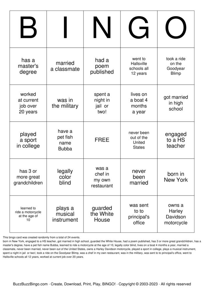 40th Class Reunion Bingo Cards to Download, Print and Customize!