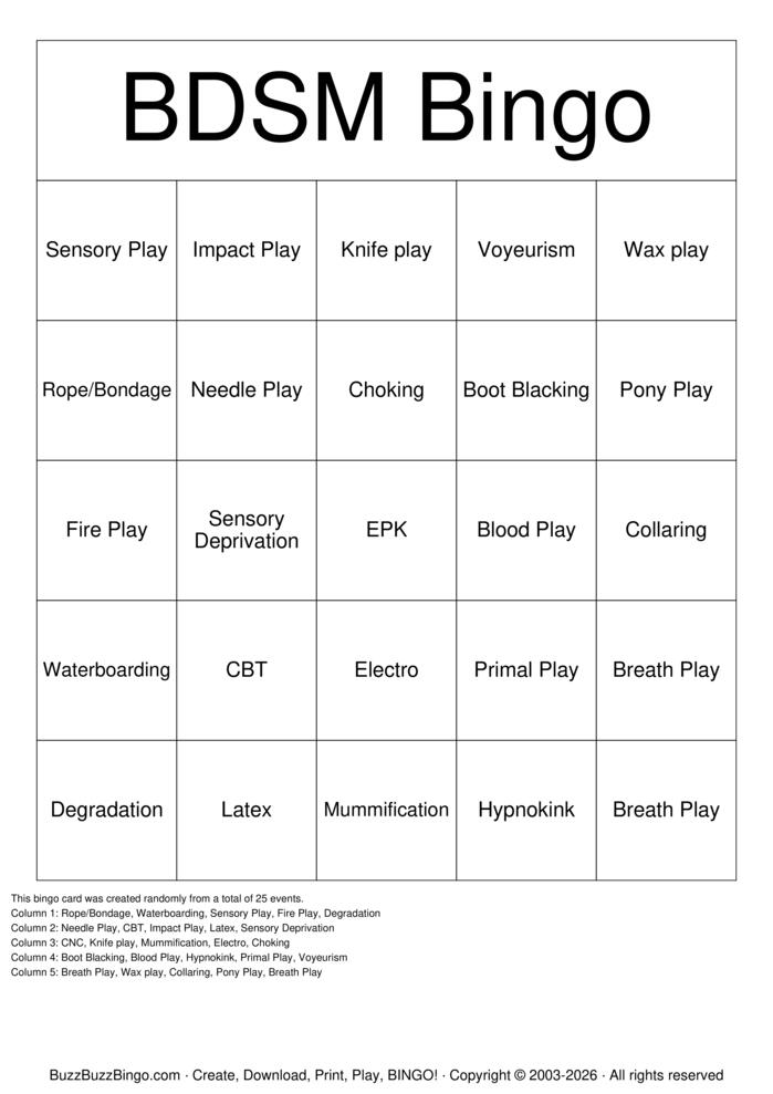 Download Free BDSM Bingo Bingo Cards