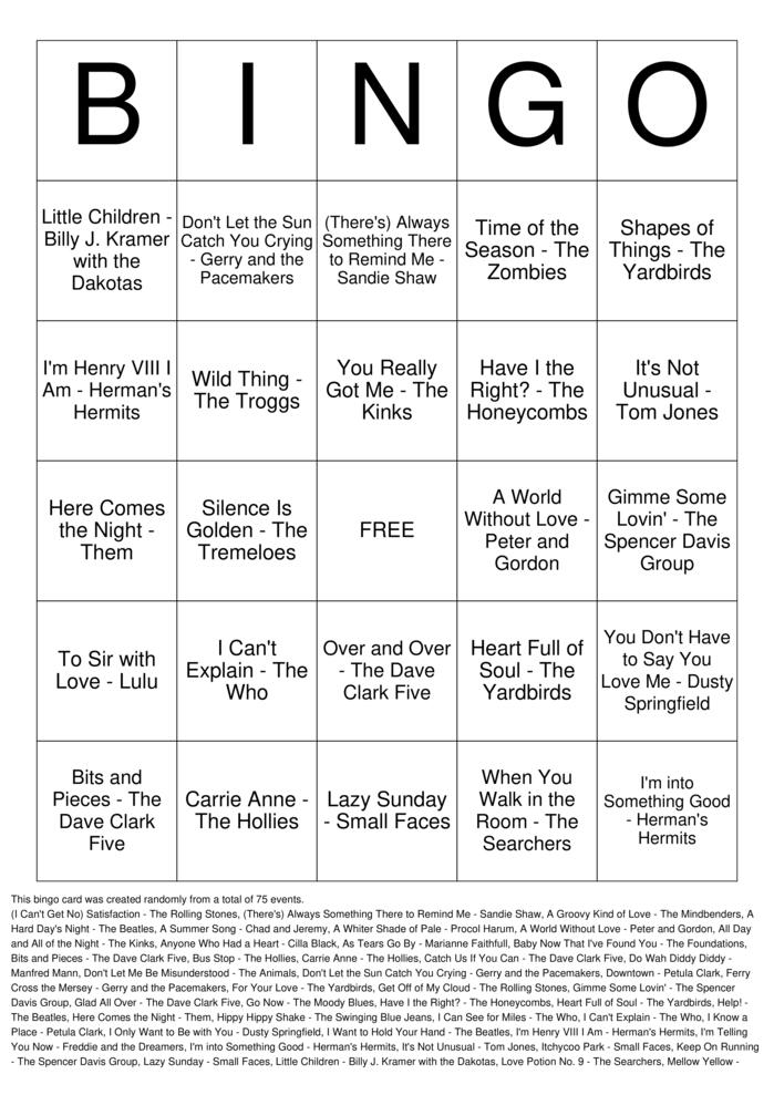 Download Free British Invasion Bingo Cards