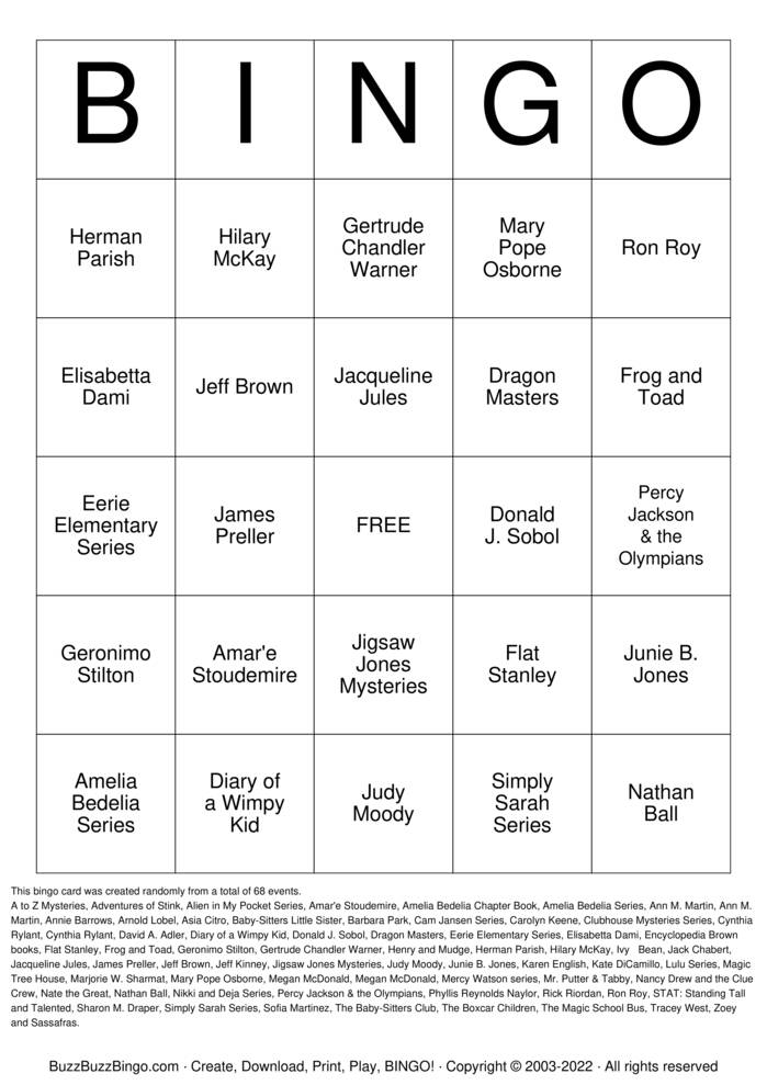 Download Free Chapter Books Bingo Cards