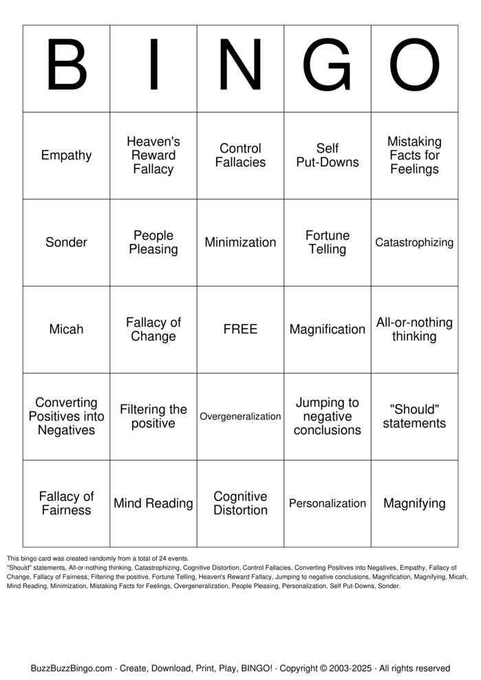 Download Free Cognitive Distortions  Bingo Cards