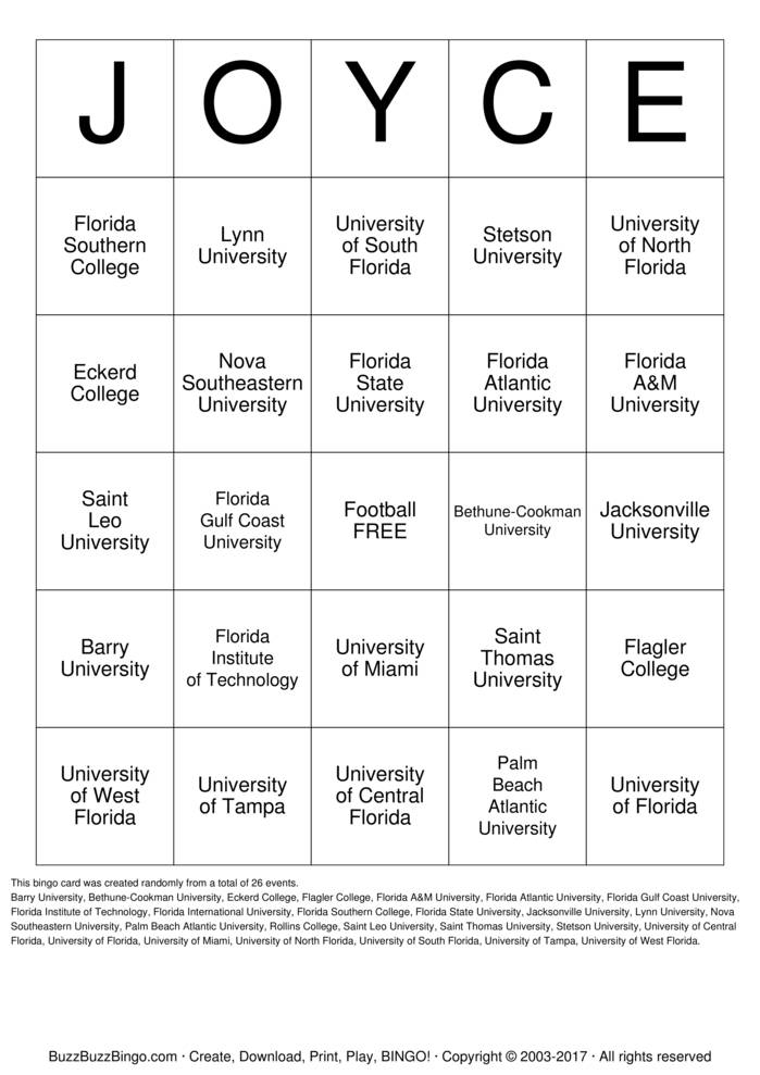 College Florida Football Bingo Cards to Download, Print and Customize!