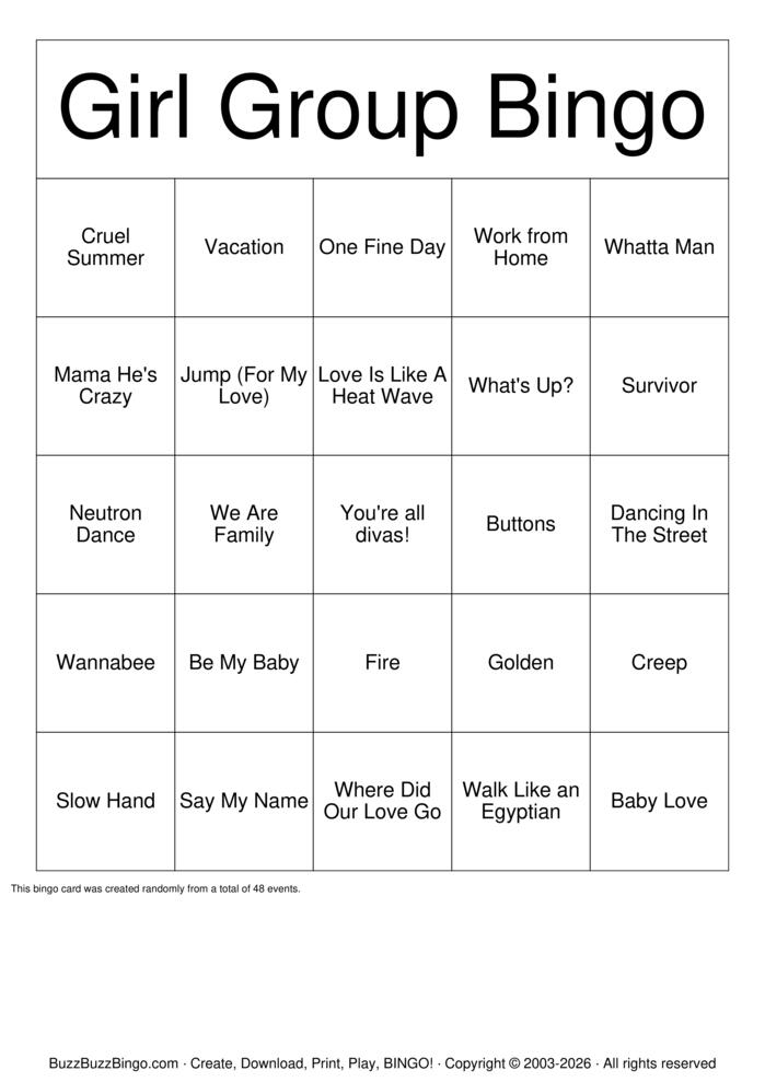 Download Free Girl Group Bingo Bingo Cards Download Free Girl Group Bingo Bingo Cards