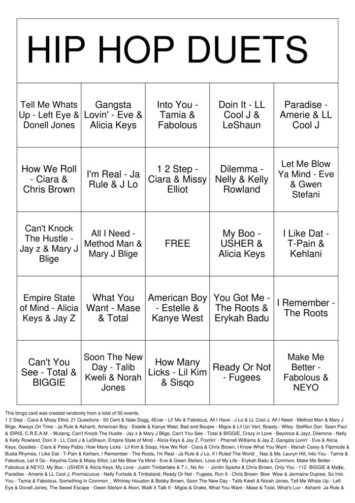 Download Free HipHop Duets Bingo Cards
