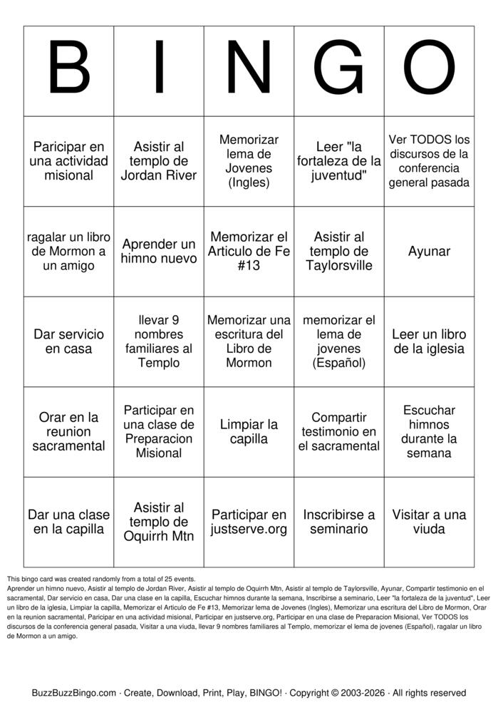 Download Free LDS YOUTH BINGO Bingo Cards Download Free LDS YOUTH BINGO Bingo Cards